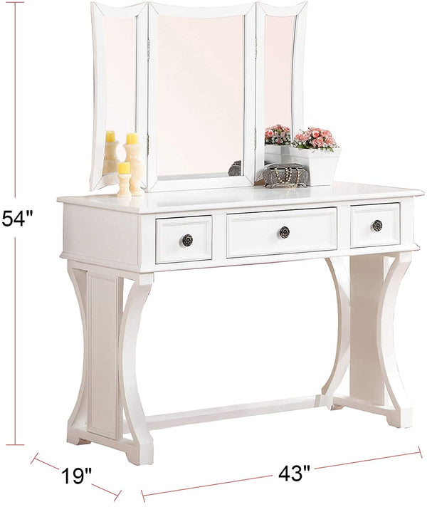 English Elm Unique Rustic Pine Vanity Set w Stool, 3-Panel Foldable Mirror, Drawers, Cushioned Seat, Multi-Color Finish B011111843