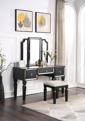 English Elm Luxurious Tri-Fold Vanity Set with Stool and Three Drawers for Bedroom Makeup, Elegant Storage and Comfort Black 25 L x 20 W x 60 H B011111849