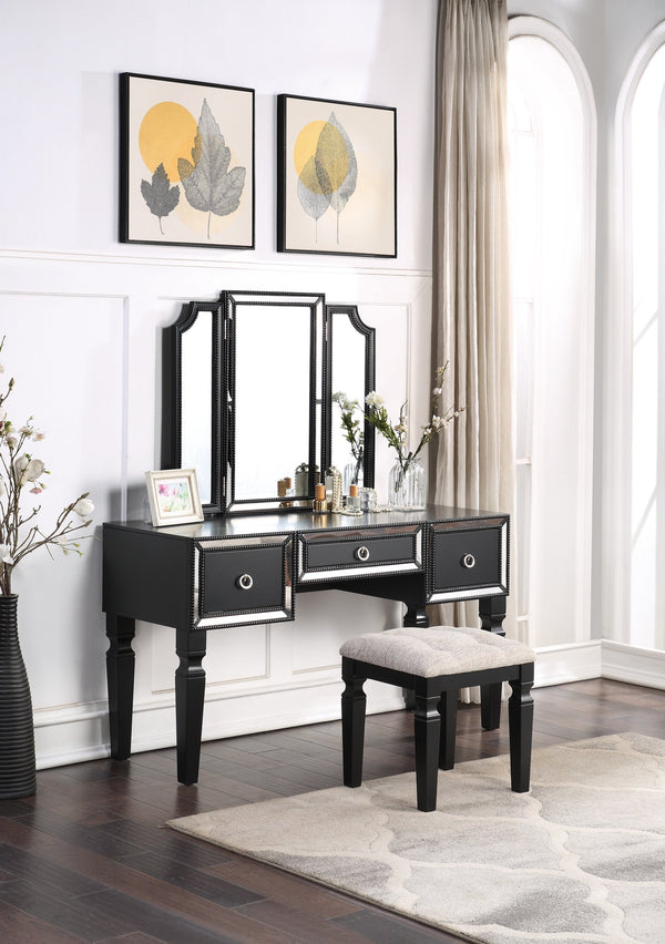 English Elm Luxurious Tri-Fold Vanity Set with Stool and Three Drawers for Bedroom Makeup, Elegant Storage and Comfort Black 25 L x 20 W x 60 H B011111849