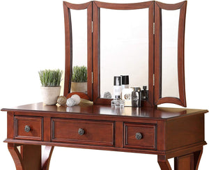 English Elm Unique Modern Bedroom Vanity Set with Foldable 3-Panel Mirror, Drawers & Cushioned Stool in MDF Veneer Rustic Pine Finish Cherry 25 L x 20 W x 48 H B011111842
