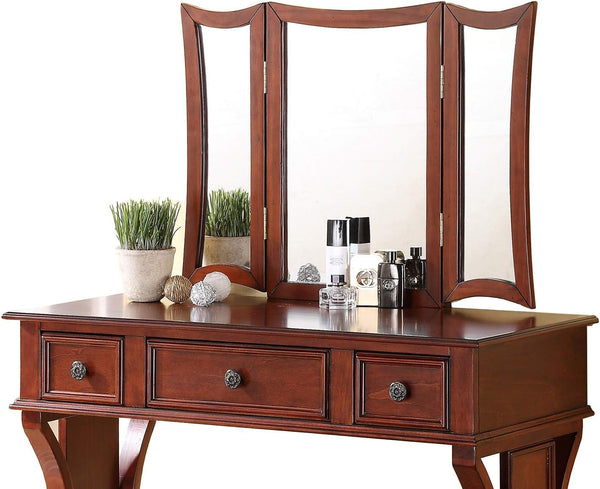English Elm Unique Modern Bedroom Vanity Set with Foldable 3-Panel Mirror, Drawers & Cushioned Stool in MDF Veneer Rustic Pine Finish Cherry 25 L x 20 W x 48 H B011111842