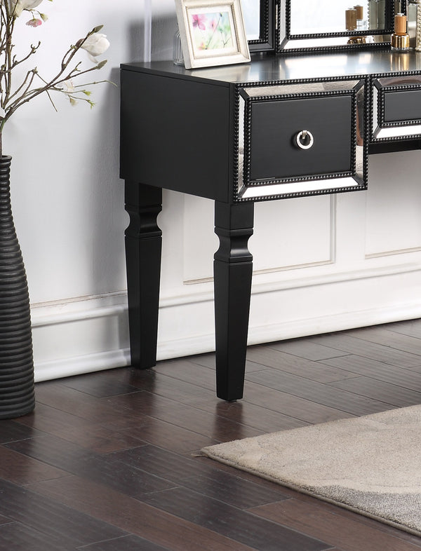 English Elm Luxurious Tri-Fold Vanity Set with Stool and Three Drawers for Bedroom Makeup, Elegant Storage and Comfort Black 25 L x 20 W x 60 H B011111849