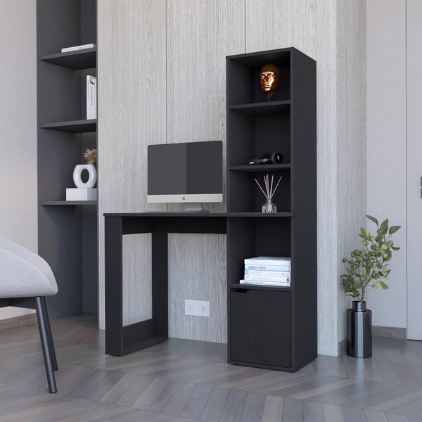English Elm Computer Desk With 4-Tier Bookcase & Hidden Cabinet - Stylish, Space-Saving Workstation For Home Office B062111729