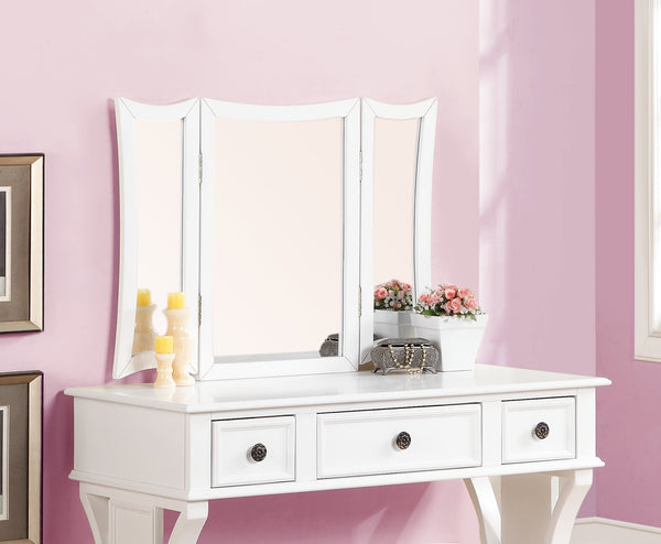 English Elm Unique Rustic Pine Vanity Set w Stool, 3-Panel Foldable Mirror, Drawers, Cushioned Seat, Multi-Color Finish B011111843