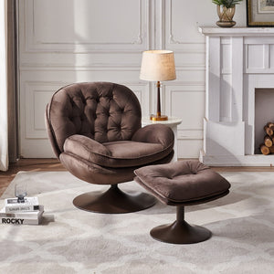 English Elm Swivel Velvet Lounge Chair with Matching Ottoman for Living Room Reading Nook Chocolate W1805111817