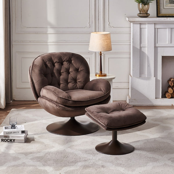 English Elm Swivel Velvet Lounge Chair with Matching Ottoman for Living Room Reading Nook Chocolate W1805111817