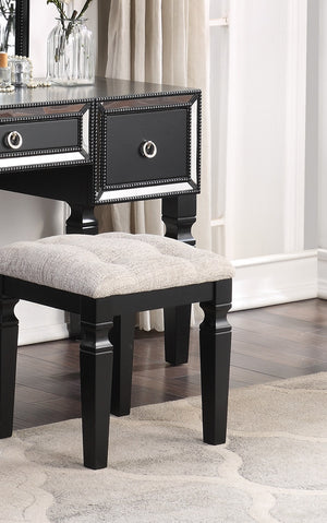 English Elm Luxurious Tri-Fold Vanity Set with Stool and Three Drawers for Bedroom Makeup, Elegant Storage and Comfort Black 25 L x 20 W x 60 H B011111849
