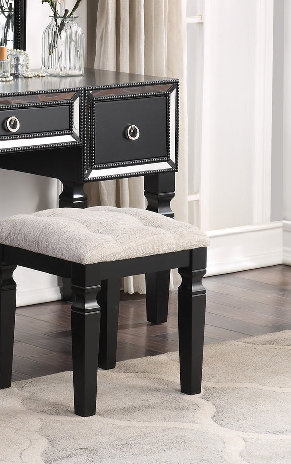 English Elm Luxurious Tri-Fold Vanity Set with Stool and Three Drawers for Bedroom Makeup, Elegant Storage and Comfort Black 25 L x 20 W x 60 H B011111849
