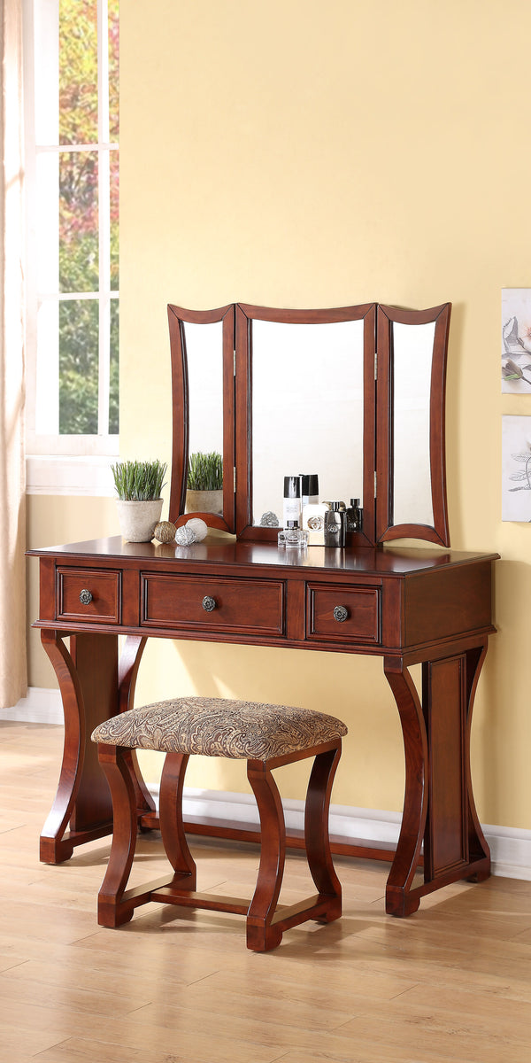 English Elm Unique Modern Bedroom Vanity Set with Foldable 3-Panel Mirror, Drawers & Cushioned Stool in MDF Veneer Rustic Pine Finish Cherry 25 L x 20 W x 48 H B011111842