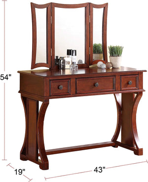 English Elm Unique Modern Bedroom Vanity Set with Foldable 3-Panel Mirror, Drawers & Cushioned Stool in MDF Veneer Rustic Pine Finish Cherry 25 L x 20 W x 48 H B011111842