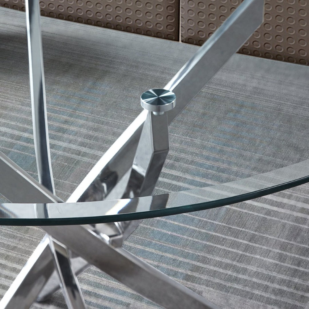 English Elm Contemporary Round Tempered Glass Dining Table with Sculptural Stainless Steel Base W1311111911