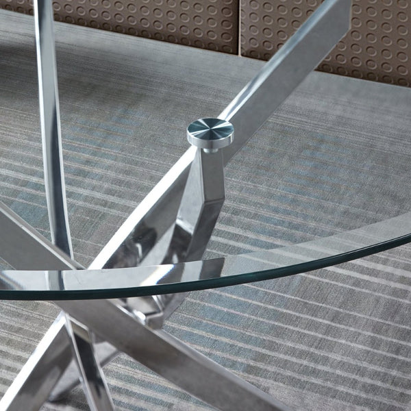 English Elm Contemporary Round Tempered Glass Dining Table with Sculptural Stainless Steel Base W1311111911