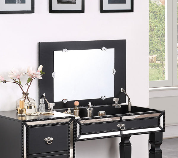 English Elm Traditional Tri-drawer Vanity Set with Tufted Stool Adjustable Mirror Bedroom Elegance Black B011111845