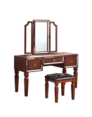 English Elm Luxurious Tri-Fold Vanity Set with Stool and Three Drawers for Bedroom Makeup, Elegant Storage and Comfort Cherry 25 L x 20 W x 60 H B011111850