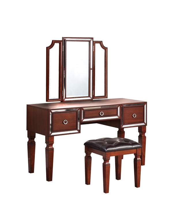English Elm Luxurious Tri-Fold Vanity Set with Stool and Three Drawers for Bedroom Makeup, Elegant Storage and Comfort Cherry 25 L x 20 W x 60 H B011111850
