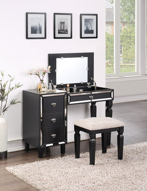 English Elm Traditional Tri-drawer Vanity Set with Tufted Stool Adjustable Mirror Bedroom Elegance Black B011111845
