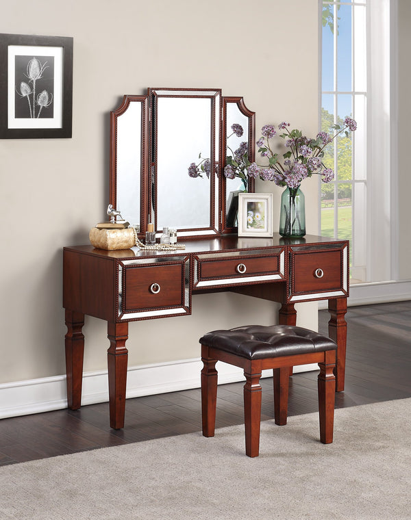 English Elm Luxurious Tri-Fold Vanity Set with Stool and Three Drawers for Bedroom Makeup, Elegant Storage and Comfort Cherry 25 L x 20 W x 60 H B011111850
