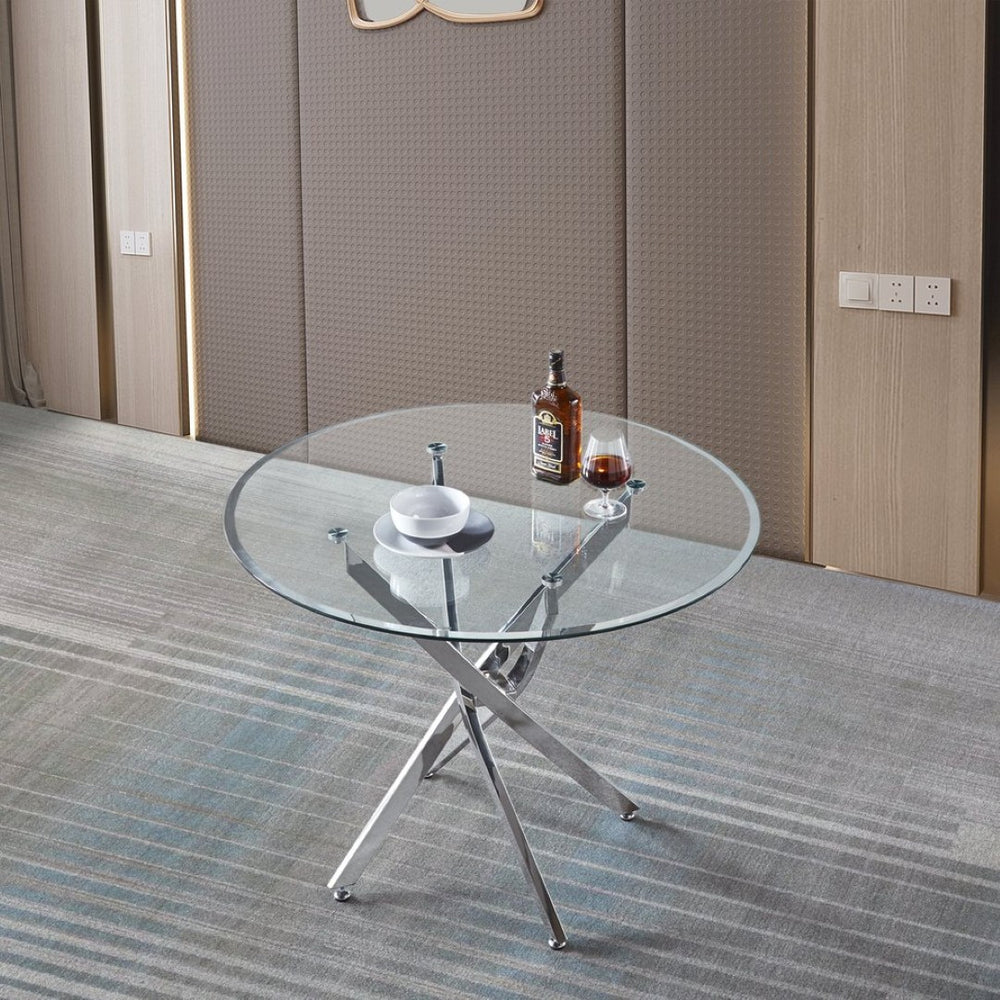 English Elm Contemporary Round Tempered Glass Dining Table with Sculptural Stainless Steel Base W1311111911