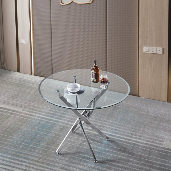 English Elm Contemporary Round Tempered Glass Dining Table with Sculptural Stainless Steel Base W1311111911