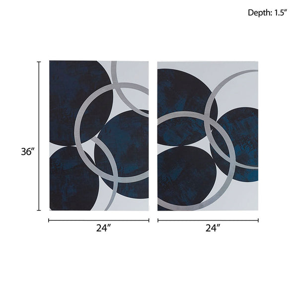English Elm Silver Celestial Orbit 2-Piece Canvas Wall Art Set – Navy Abstract with Silver Foil, Gloss Gel Finish, 24"x36" B03596689