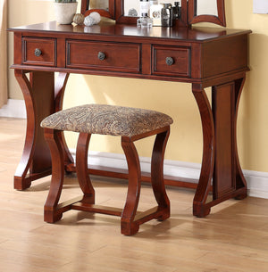 English Elm Unique Modern Bedroom Vanity Set with Foldable 3-Panel Mirror, Drawers & Cushioned Stool in MDF Veneer Rustic Pine Finish Cherry 25 L x 20 W x 48 H B011111842