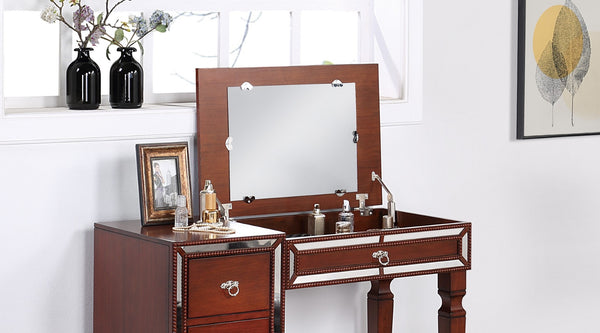 English Elm Traditional Tri-drawer Vanity Set with Tufted Stool Adjustable Mirror Bedroom Elegance Cherry B011111846