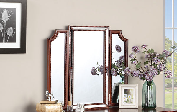 English Elm Luxurious Tri-Fold Vanity Set with Stool and Three Drawers for Bedroom Makeup, Elegant Storage and Comfort Cherry 25 L x 20 W x 60 H B011111850