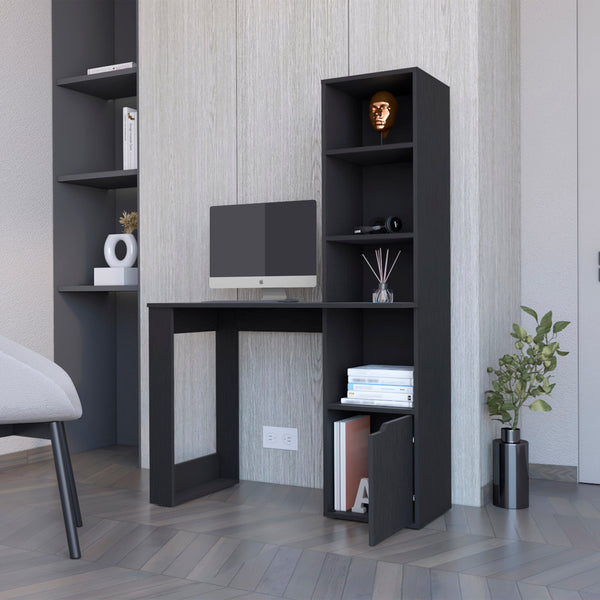 English Elm Computer Desk With 4-Tier Bookcase & Hidden Cabinet - Stylish, Space-Saving Workstation For Home Office B062111729