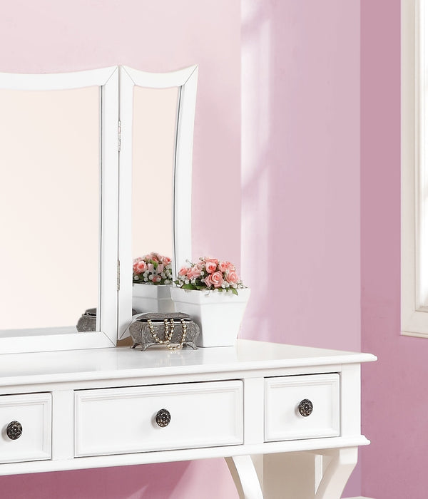 English Elm Unique Rustic Pine Vanity Set w Stool, 3-Panel Foldable Mirror, Drawers, Cushioned Seat, Multi-Color Finish B011111843