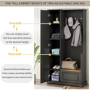 English Elm On-trend Matte Finish Hall Tree with Flip Bench Shoe Storage and Hanging Hooks Black WF304223AAB