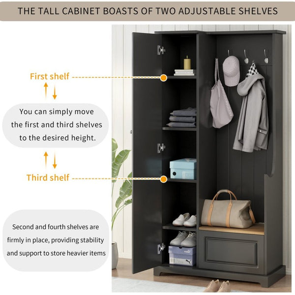 English Elm On-trend Matte Finish Hall Tree with Flip Bench Shoe Storage and Hanging Hooks Black WF304223AAB