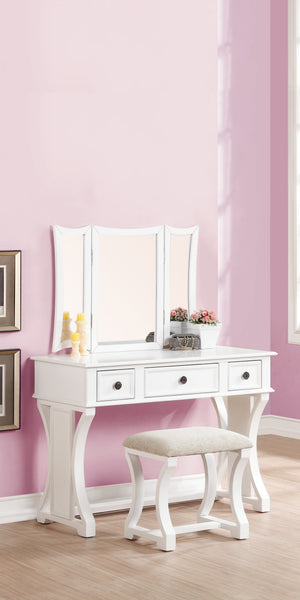 English Elm Unique Rustic Pine Vanity Set w Stool, 3-Panel Foldable Mirror, Drawers, Cushioned Seat, Multi-Color Finish B011111843
