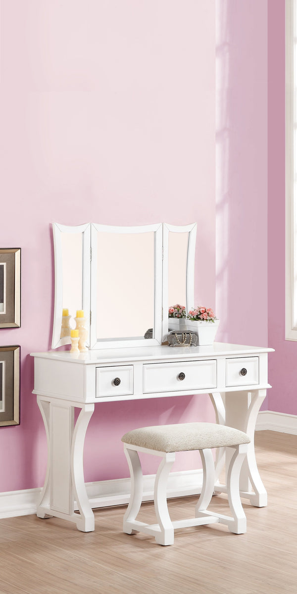 English Elm Unique Rustic Pine Vanity Set w Stool, 3-Panel Foldable Mirror, Drawers, Cushioned Seat, Multi-Color Finish B011111843