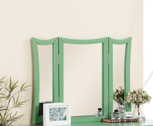 English Elm Unique Modern Bedroom Vanity Set with Foldable 3-Panel Mirror, Drawers & Cushioned Stool in MDF Veneer Rustic Pine Finish Antique Green 25 L x 20 W x 48 H B011111841
