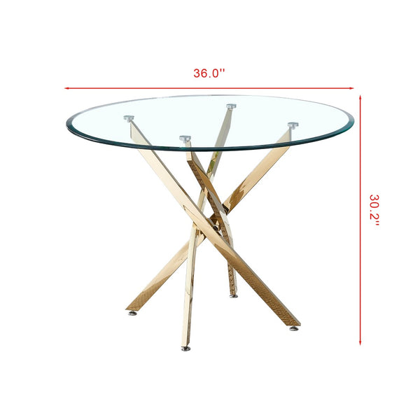 English Elm Contemporary Round Tempered Glass Dining Table with Sculptural Stainless Steel Base W1311111912