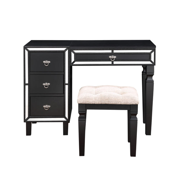 English Elm Traditional Tri-drawer Vanity Set with Tufted Stool Adjustable Mirror Bedroom Elegance Black B011111845