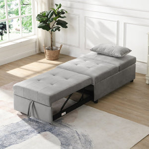 English Elm Folding Ottoman Sofa Bed Gray Upholstered Convertible Sleeper for Studio or Guest Room W214104023