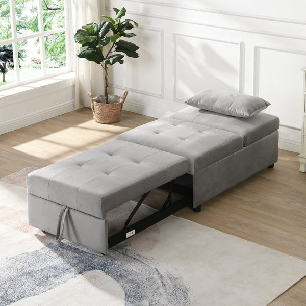 English Elm Folding Ottoman Sofa Bed Gray Upholstered Convertible Sleeper for Studio or Guest Room W214104023