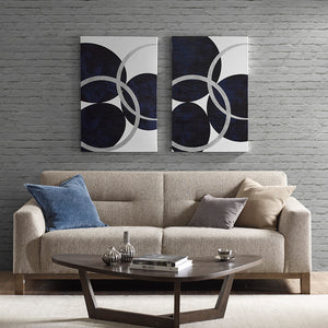 English Elm Silver Celestial Orbit 2-Piece Canvas Wall Art Set – Navy Abstract with Silver Foil, Gloss Gel Finish, 24"x36" B03596689