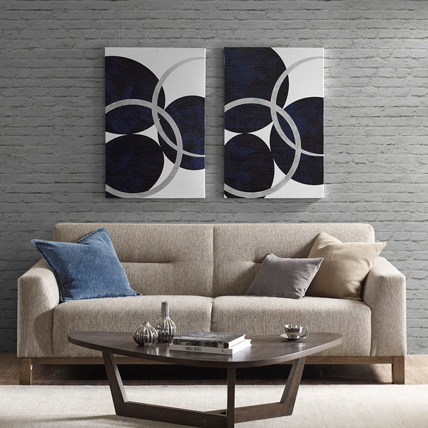 English Elm Silver Celestial Orbit 2-Piece Canvas Wall Art Set – Navy Abstract with Silver Foil, Gloss Gel Finish, 24"x36" B03596689