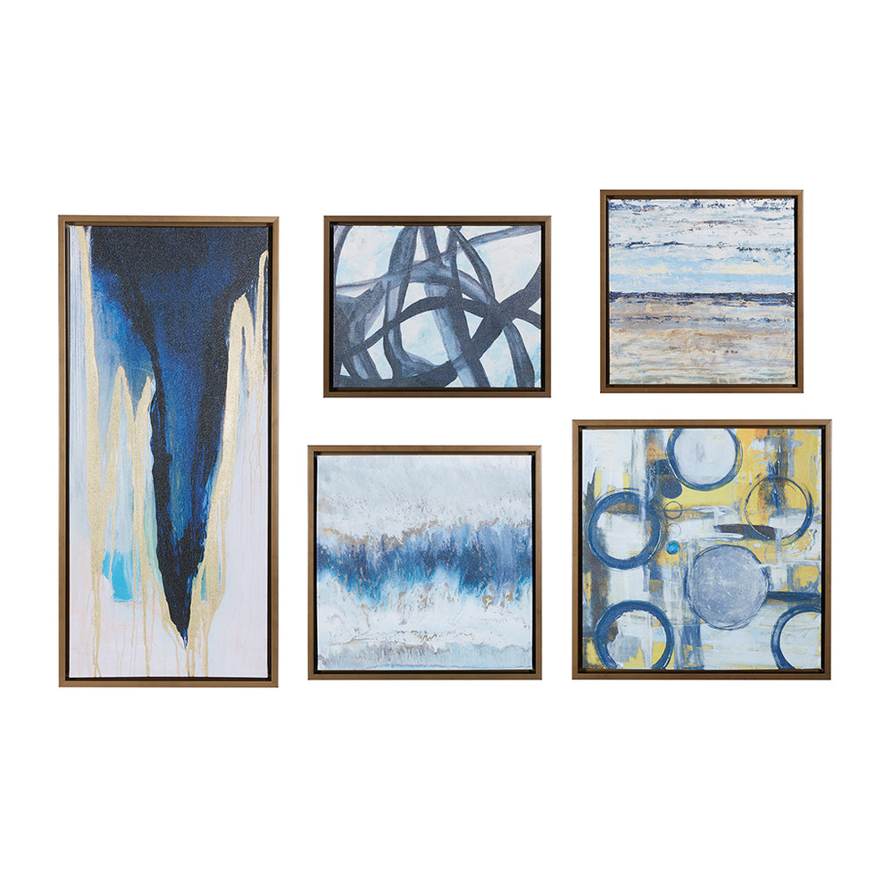 English Elm Abstract Blue Bliss 5-Piece Gallery Framed Canvas Wall Art Set by Blakely Bering - Modern Blue, Gray & Yellow Abstract Decor, Bronze Frame, Multi-Arrangeable, Gallery-Ready B03598825