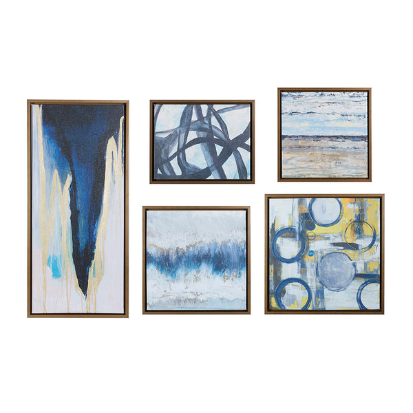 English Elm Abstract Blue Bliss 5-Piece Gallery Framed Canvas Wall Art Set by Blakely Bering - Modern Blue, Gray & Yellow Abstract Decor, Bronze Frame, Multi-Arrangeable, Gallery-Ready B03598825