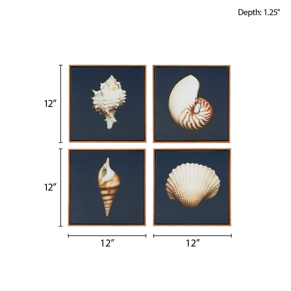 English Elm 4-piece Madison Park Ocean Seashells Framed Canvas Wall Art Set – 4x12" Coastal Navy Shell Prints, Wood Tone Frames B03598823