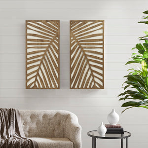 English Elm Two-tone Madison Park Birch Palms 2-Piece Carved Wood Panel Wall Art Set, Coastal Botanical Décor, 16x32 each B03598806