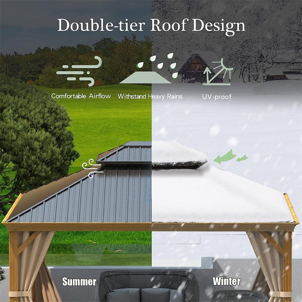 English Elm 10'X12' Stylish Hardtop Gazebo With Wooden-Look Frame, Double-Roof Design & Insect Protection For Patios W1859S00005