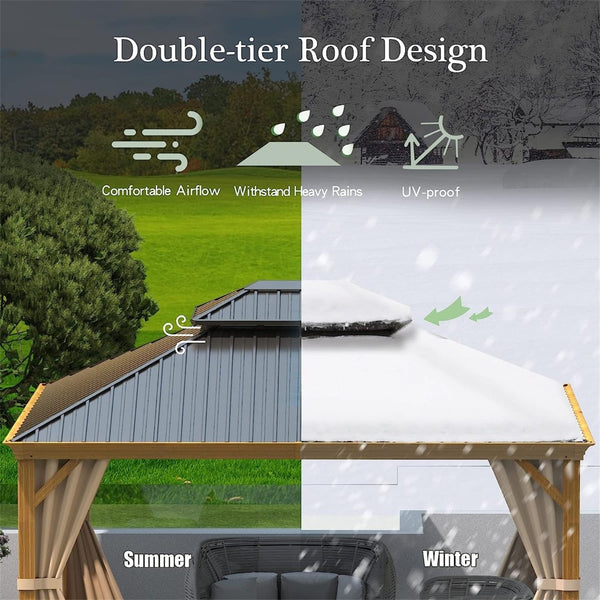 English Elm 10'x12' Hardtop Gazebo Aluminum Wood Grain Frame Steel Double Roof Patio Pavilion W1859S00218