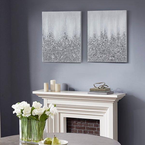English Elm Heavily Embellished Madison Park Glimmer 2-Piece Canvas Wall Art Set with Metallic Texture and Sparkle Silver 29.72 L x 3.94 W x 24.21 H B03598855