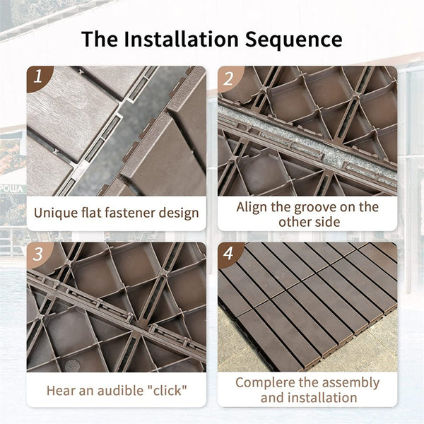 English Elm Patio Composite Interlocking Floor Tiles Four Slat Drainage Design for Balcony Deck Brown W1859P181806