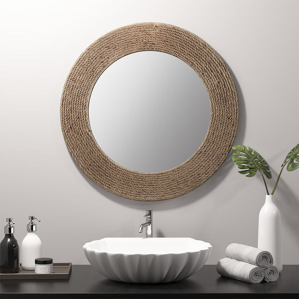 English Elm Natural Jute Rope Round Wall Mirror 26" – Madison Park Cove Coastal Textured Hanging Mirror, 18"glass B03598875