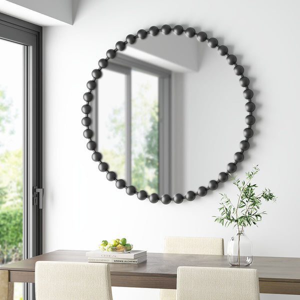 English Elm Beaded Marlowe 36" Round Wall Mirror with Matte Black Beaded Iron Frame, Modern Glam Accent Piece B03599370
